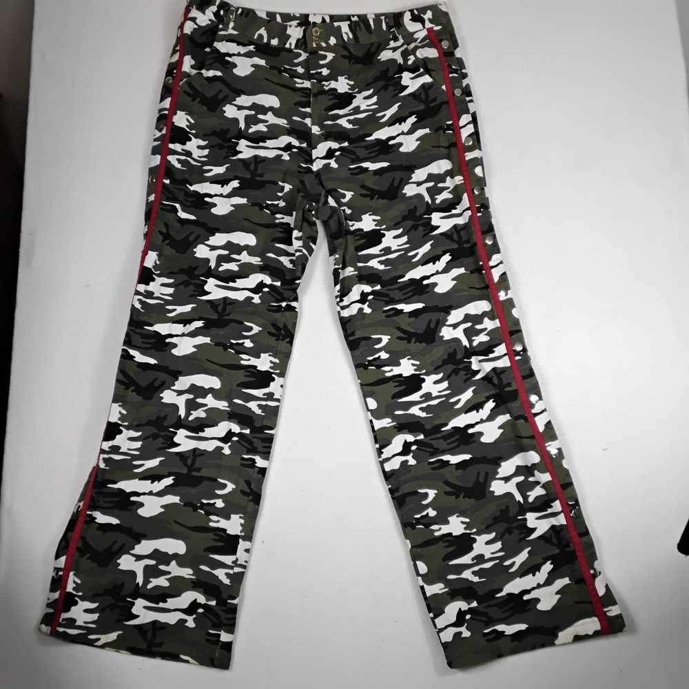 Fashion Nova Camo Pants Womens Snap Side Red Stripe Wide Leg Military Y2K XL